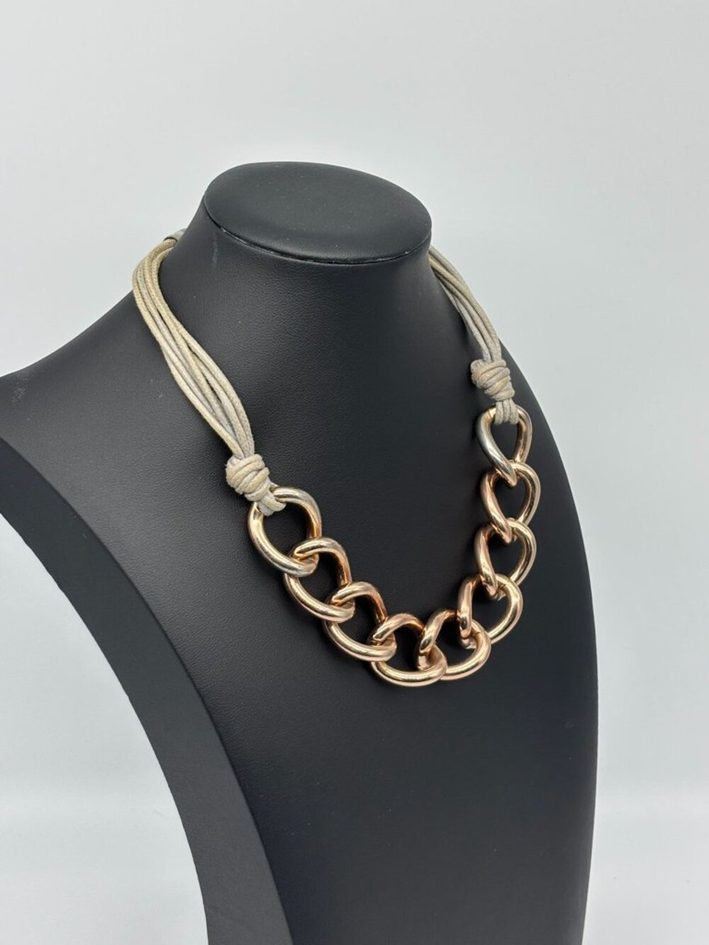 St. Thomas Necklace Chunky Large Rose Gold-Tone Curb Links Gray Cord, Adjustable - Picture 5 of 16